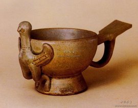 越窑青釉鸟形把杯